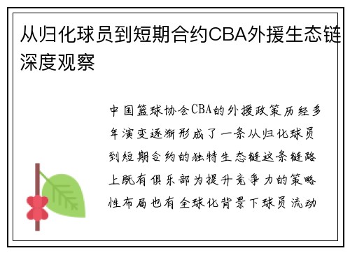从归化球员到短期合约CBA外援生态链深度观察